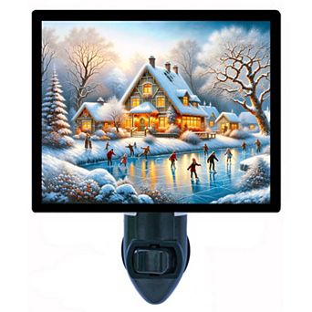 Winter Wonderland Skaters Night Light Cozy House & Ice Skating Scene + Free Insert