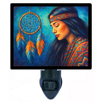 Silent Dreams Night Light Native American Woman with Dreamcatcher & Feathers + Free Insert