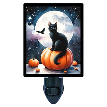 Midnight Whisper Night Light Black Cat on Pumpkin with Moon + Free Insert