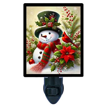 Winter Cheer Night Light Snowman with Cardinal, Holly & Poinsettia + Free Insert