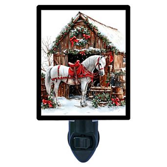 Festive Holiday Stable Night Light White Horse with Red Saddle Christmas Barn + Free Insert