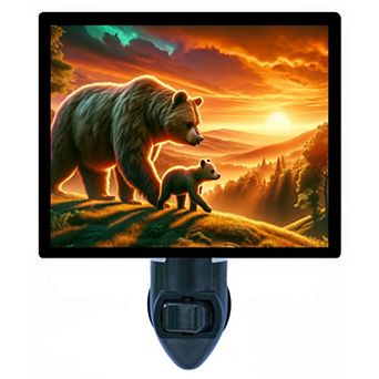 Brown Bear at Sunset Wildlife Night Light Mountain Forest Décor Plug In with Free Insert