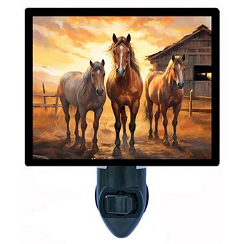 Country Horses Night Light Western Barn Sunset Scene Plug In with Switch & Free Insert