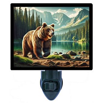 Brown Bear at Lakeside Mountain Wildlife Night Light Rustic Cabin Décor Plug In with Free Insert