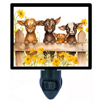 Cute Goats Farm Animal Night Light Country Fence & Sunflower Scene with Free Insert