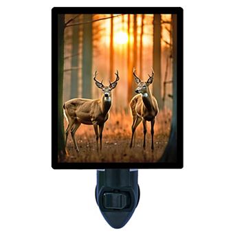 Two Deer Night Light Woodland Bucks in Sunset Forest Wildlife Home Décor + Free Insert