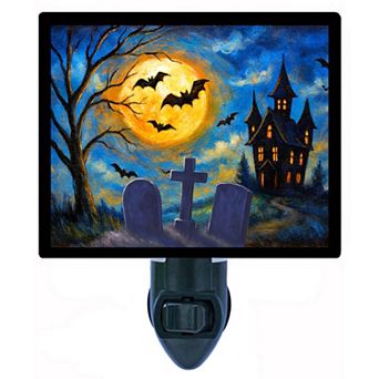Grave Watch Night Light Haunted House Halloween Decor with Bats and Moon + Free Insert