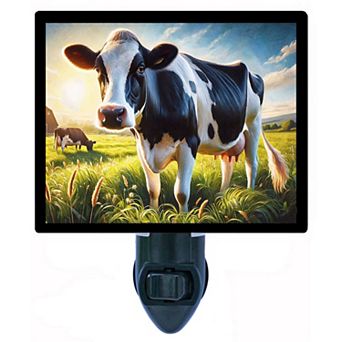 Grazing Cow Night Light Farmhouse Country Decor with Black & White Dairy Cow + Free Insert