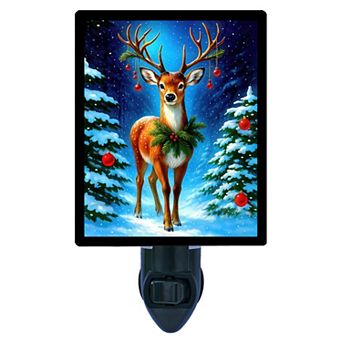 Yuletide Stag Night Light Festive Deer with Ornaments & Holiday Trees + Free Insert