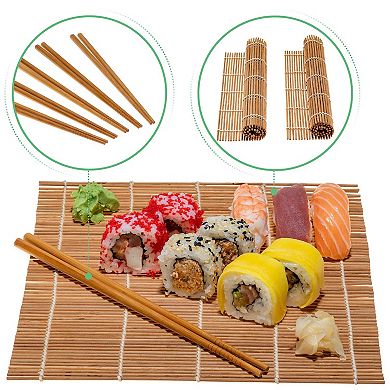 Wooden Sushi Making Kit - 2 Sushi Rolling Mats, 5 Pairs Wooden Chopsticks, Rice Paddle and Spreader