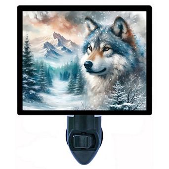 Winter Wolf Night Light Snowy Mountain Scene with Wolf Artwork + Free Insert