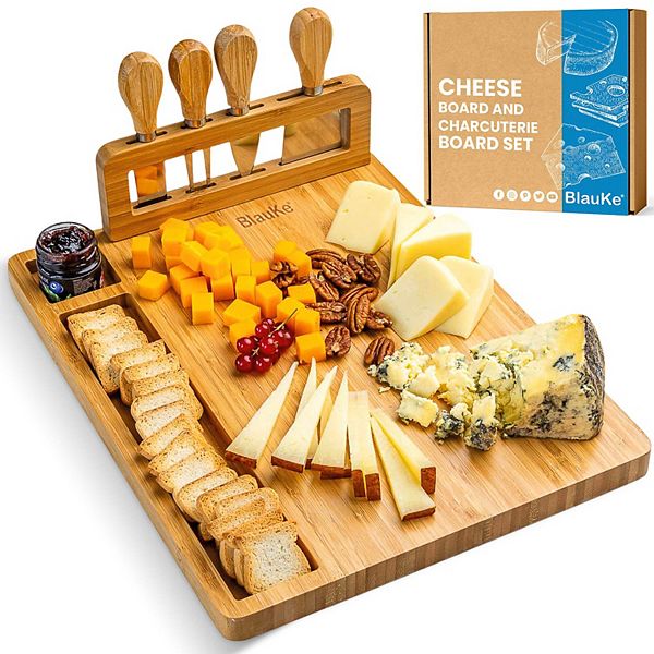 Bamboo Cheese Board and Knife Set 14x11 inch Charcuterie Board with 4