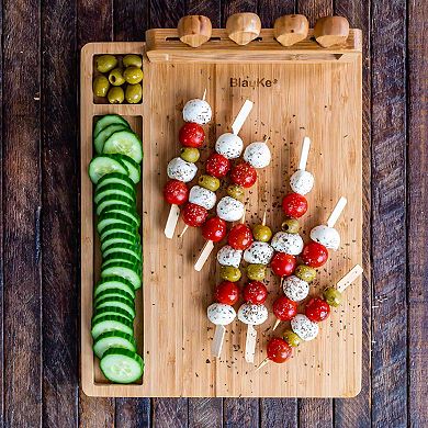 Bamboo Cheese Board and Knife Set - 14x11 inch Charcuterie Board with 4 Cheese Knives - Wood Serving Tray