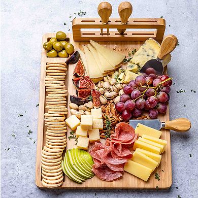 Wooden Cheese Board and Knife Set - 14x11in Charcuterie Board with Cheese Knives, Wood Serving Tray