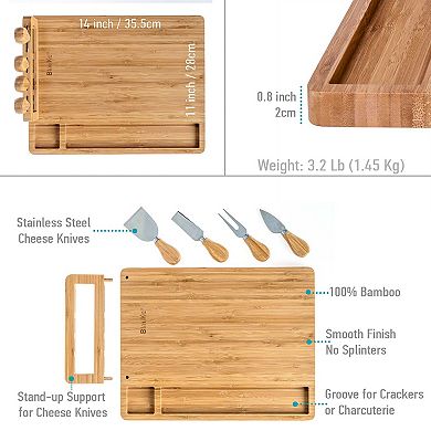 Wooden Cheese Board and Knife Set - 14x11in Charcuterie Board with Cheese Knives, Wood Serving Tray