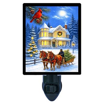 This Year’s Tree Night Light Horse-Drawn Sleigh, Cardinal, and Snowy Victorian Christmas Scene