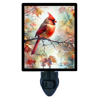 Autumn Cardinal Red Bird Night Light Fall Leaves Plug In with Free Switchable Insert
