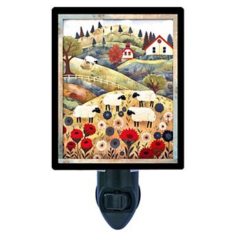 Countryside Sheep Night Light Farmhouse Hills and Flowers Scene Free Switchable Insert