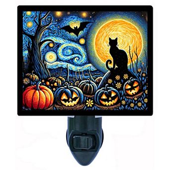 Starry Halloween Night, Night Light Black Cat Pumpkin Holiday Decor + Free Insert