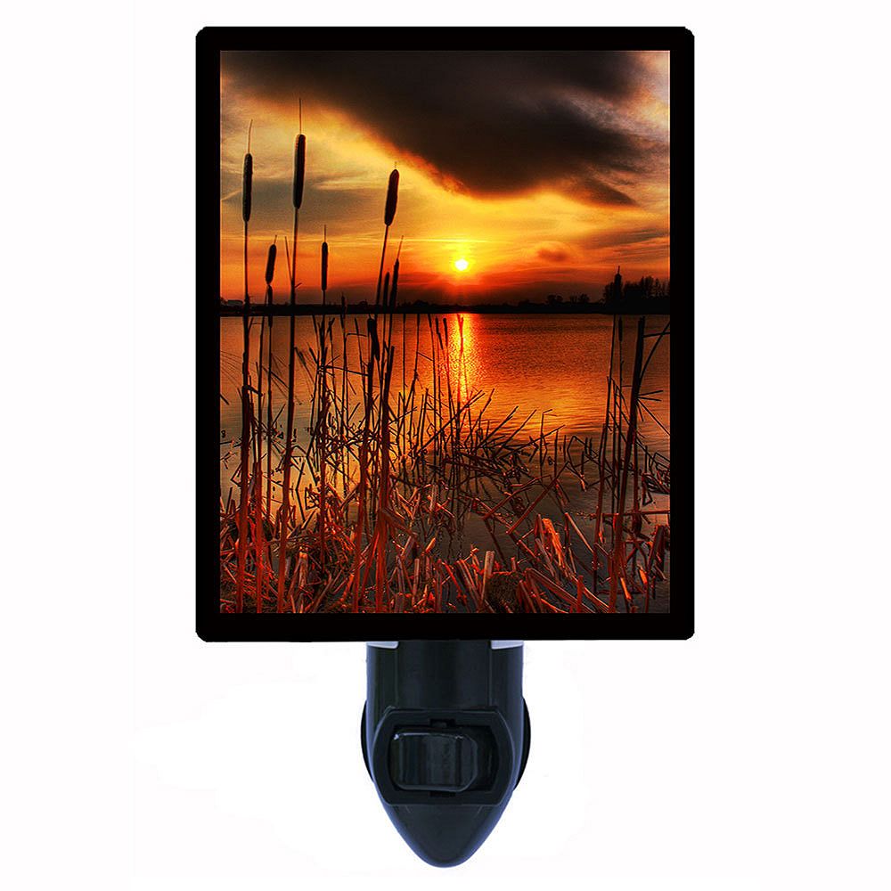 Bullrush Sunset. Landscape Decorative Photo Night Light.