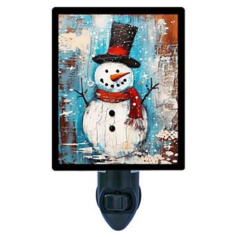 Winter Gent Night Light Snowman in Top Hat and Red Scarf with Festive Snowy Backdrop + Free Insert