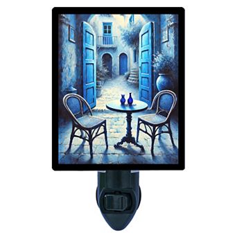Echoes of Blues Night Light Mediterranean Patio Scene with Free Insert for Home Décor