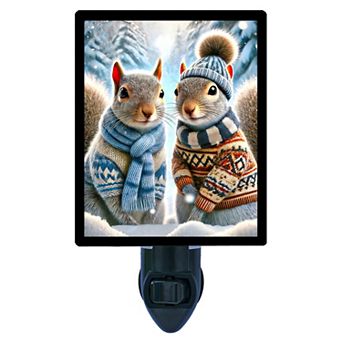 Winter Whiskers Night Light Cozy Squirrels in Scarves & Sweaters, Snowy Forest Scene + Free Insert