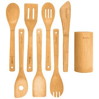 Wooden Kitchen Utensils Set 8-Pack - Wooden Cooking Utensils with Utensil Holder