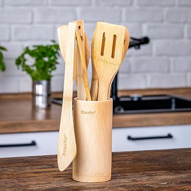 Wooden Kitchen Utensils Set 8-Pack - Wooden Cooking Utensils with Utensil Holder