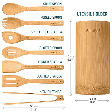 Wooden Kitchen Utensils Set 8-Pack - Wooden Cooking Utensils with Utensil Holder