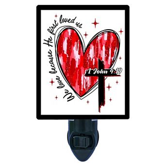 He Loved Us First Night Light Christian Heart Cross Religious Decor Lamp + Free Insert