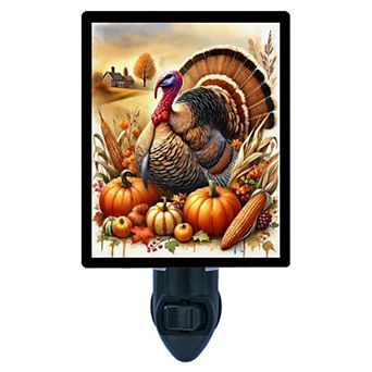 Pride of the Harvest Night Light Thanksgiving Turkey with Pumpkins and Autumn Scene + Free Insert