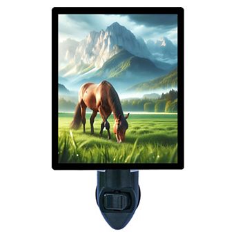 Grazing Horse Night Light Rustic Farmhouse Horse in Meadow with Mountains + Free Insert