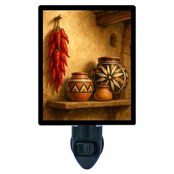 Pueblo Warmth Night Light Southwestern Pottery & Red Chili Peppers Design + Free Insert