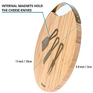 Bamboo Cheese Board and Knife Set with Magnetic Cutlery Storage - 13 inch Round Charcuterie Board