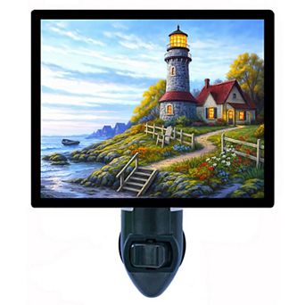 Whispering Shore Lighthouse Night Light Coastal Ocean Scene with Cottage & Flowers + Free Insert