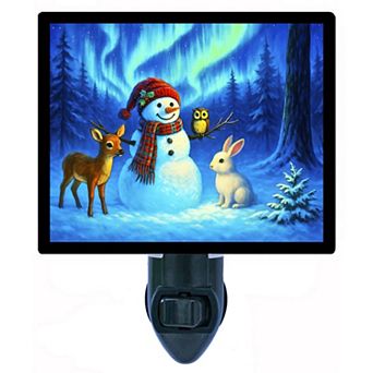 Aurora Watchers Night Light Snowman with Deer, Rabbit & Owl Under Northern Lights + Free Insert