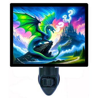 Green Dragon Night Light Fantasy Castle & Mountain Scene with Fire Breathing Dragon + Free Insert
