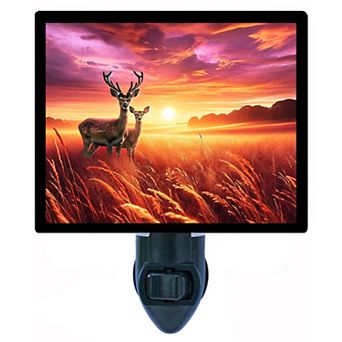 Deer Sunset Night Light Wildlife Buck and Doe in Field Plug in Decorative Light with Free Insert