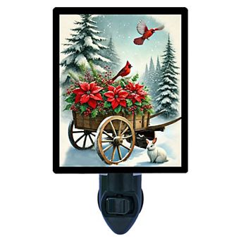 Poinsettias and Cardinals Night Light Festive Wagon with Cardinals and Winter Design + Free Insert