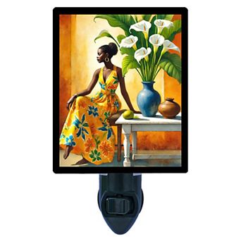 Floral Elegance Night Light Woman in Yellow Dress with Calla Lilies Art + Free Insert