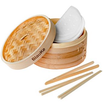 2 tier Wooden Steamer Basket 10 Inch with 2 Pairs Chopsticks, Tongs and 50 Paper Liners