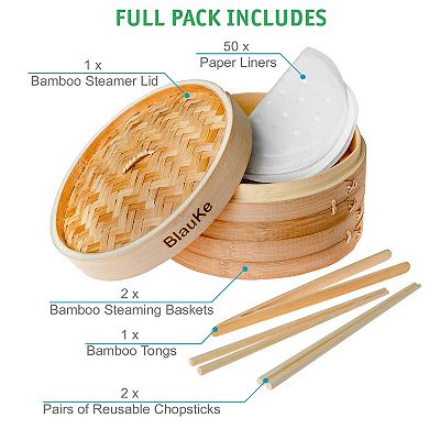 2-Tier Wooden Steamer Basket 10 Inch with 2 Pairs Chopsticks, Tongs and 50 Paper Liners