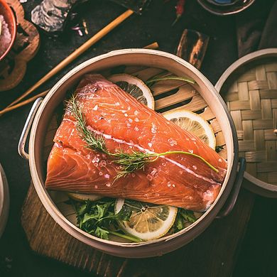 2-Tier Wooden Steamer Basket 10 Inch with 2 Pairs Chopsticks, Tongs and 50 Paper Liners