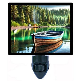 Forest Drift Night Light Rustic Cabin Lake Boat Camping Scene Home Décor + Free Insert