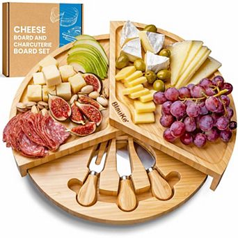 Wooden Cheese Board and Knife Set - 14 Inch Swiveling Charcuterie Board with Slide-Out Drawer