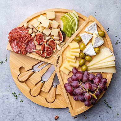 Wooden Cheese Board and Knife Set - 14 Inch Swiveling Charcuterie Board with Slide-Out Drawer