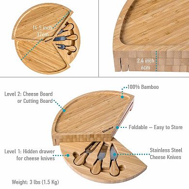 Wooden Cheese Board and Knife Set - 14 Inch Swiveling Charcuterie Board with Slide-Out Drawer