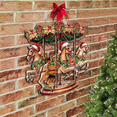 Christmas Carousel Holiday 24-Inch Handcrafted Wooden Door Decor by G. Debrekht - Holiday Decor