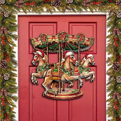 Christmas Carousel Holiday 24-Inch Handcrafted Wooden Door Decor by G. Debrekht - Holiday Decor